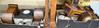 Lot 1078 - Three mantel clocks, a black slate mantel clock, silver mounted desk clock case, carriage...