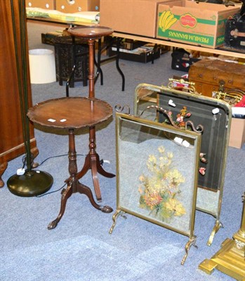 Lot 1103 - A mahogany torchere, a tripod table and two brass framed fire screens