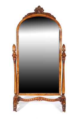 Lot 810 - A Victorian Figured Walnut Cheval Mirror, circa 1870, with arched mirror plate and moulded...