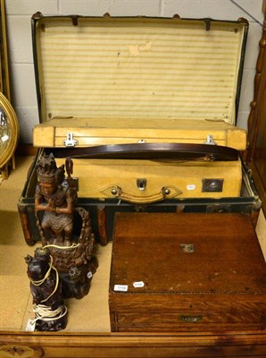 Lot 1118 - Two early 20th century suitcases, 20th century oak cutlery canteen with cutlery service (part),...