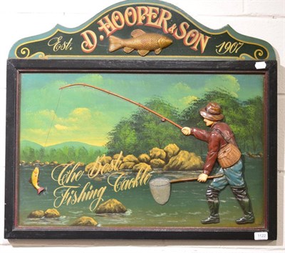 Lot 1122 - A reproduction fishing tackle advertising sign for D. Hooper & Son 1907 depicting a fisherman...