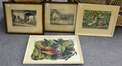 Lot 1180 - After Alken, two framed prints Horse Dealing No1 and No2; David Binns watercolour of game birds and