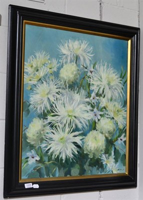 Lot 1205 - Robert Bruce Church, White Chrysanthemums, signed, oil on canvas, 75cm by 63cm