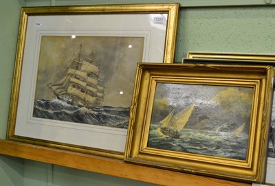 Lot 1221 - R.W. Underwood (20th century) Tall masted sailing ship at sea, signed and dated 1953,...