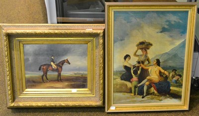 Lot 1236 - A 20th century school, study of a horse and rider, oil on board in a gilt frame, two still...