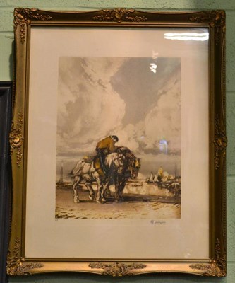 Lot 1243 - Fernand Luigi, Figure loading cart horses beside a harbour, signed in pencil, lithograph...