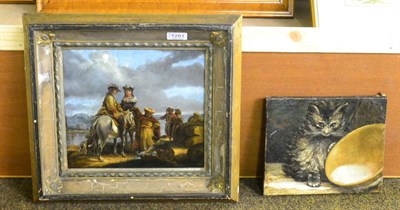 Lot 1281 - Manner of P Wouwermans, horse mounted figures on a shoreline, initialled H H, oil on metal,...