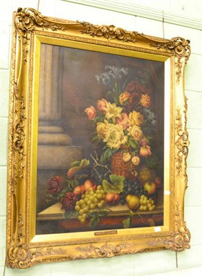 Lot 1284 - Edwin Steele (1837-1898) Still life of assorted summer flowers in a stoneware vase with fruit...