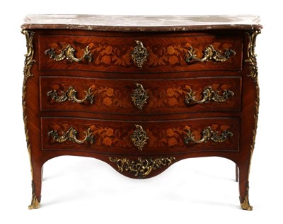 Lot 838 - A Louis XV Style Rosewood, Kingwood, Floral Marquetry and Inlaid Commode, late 19th century, with a