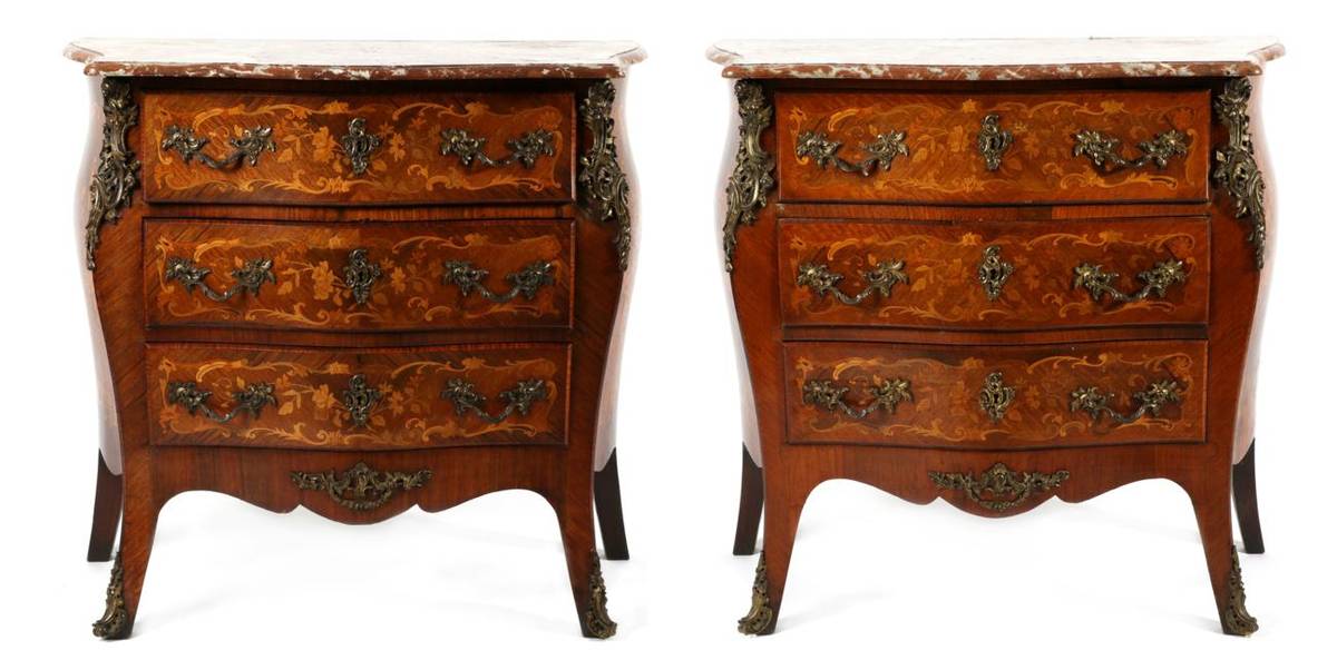 Lot 839 - A Pair of Louis XV Style Rosewood, Marquetry Inlaid and Gilt Metal Mounted Bombé Commodes,...