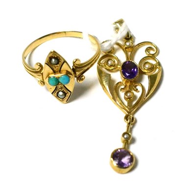 Lot 6 - A turquoise and pearl period dress ring and an amethyst and seed pearl drop pendant