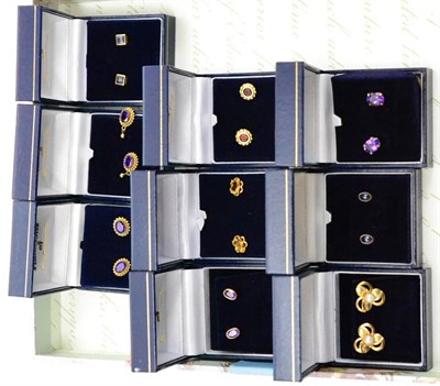 Lot 8 - Nine pairs of gem set stud earrings, including amethyst, sapphire and citrine (9)