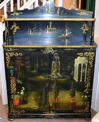 Lot 845 - Victorian Ebonised and Painted Chiffonier, Circa 1870, with a shelf and superstructure back support