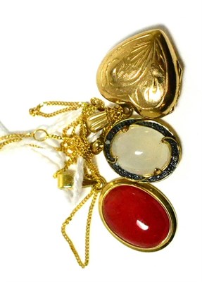 Lot 17 - A chalcedony and diamond pendant on chain, a 9ct gold heart shaped locket on chain and a 9ct...