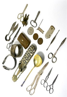 Lot 23 - A quantity of assorted scissors, a silver plated spectacle case, a snuffbox and an enamelled...