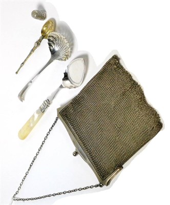 Lot 25 - A silver reticule, a silver sifter spoon, a copy of the anointing spoon, a silver thimble and a...