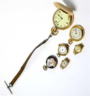 Lot 30 - A lady's enamel fob watch, three 9ct gold wristwatches, fob watch stamped 18K and a plated...