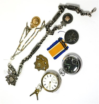 Lot 37 - A watch chain with 9ct gold medallion, a fancy watch chain, two pocket watches (one silver) and two