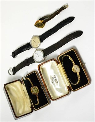 Lot 44 - Two gold cased watches and three other watches
