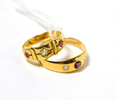 Lot 51 - A late Victorian 22ct ruby and diamond three stone gypsy set ring, and an 18ct three stone opal and