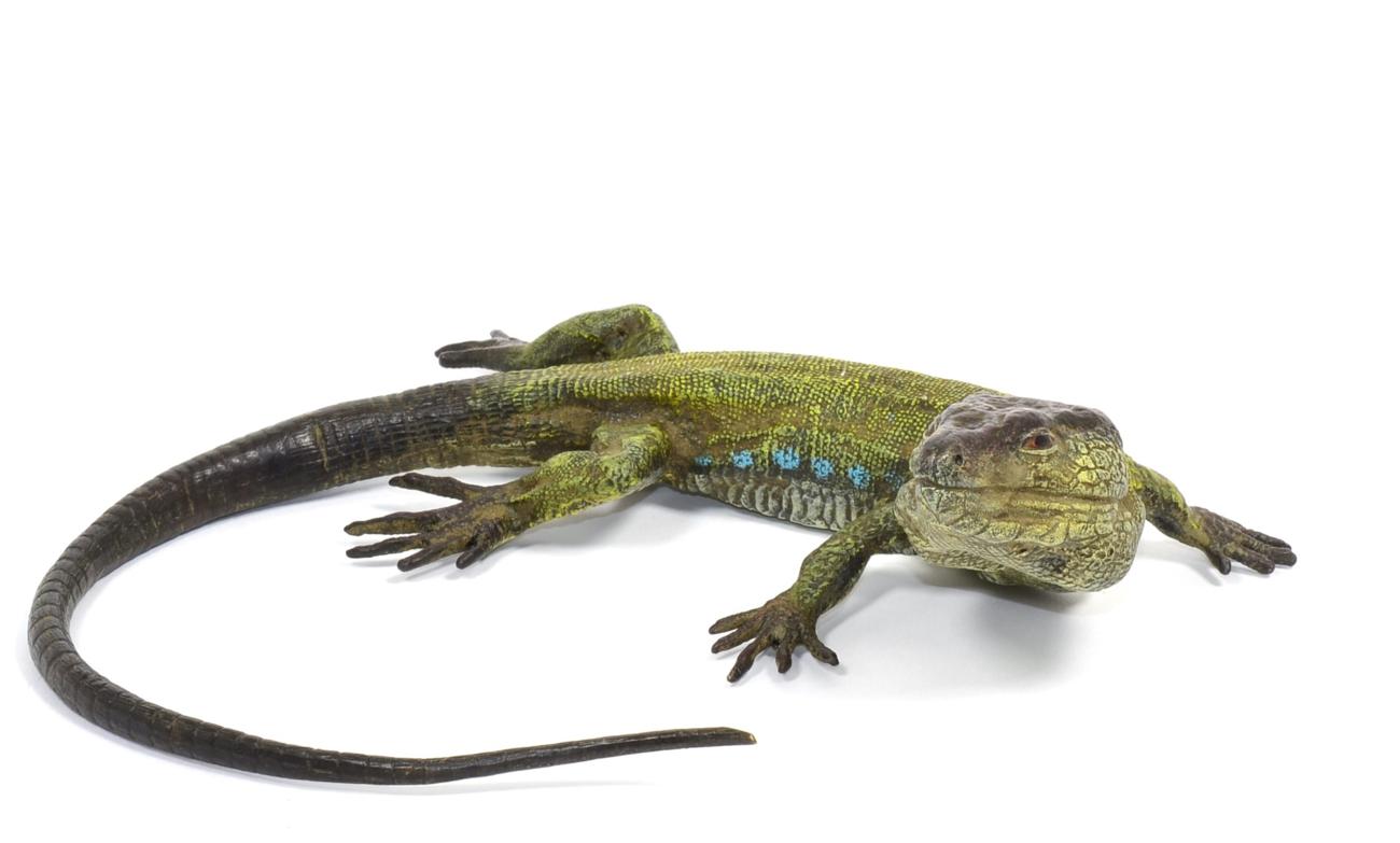 Lot 2 - A Frans Bergmann Cold Painted Bronze Model of a Lizard, early 20th century, naturalistically...