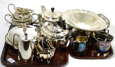Lot 56 - Two plated tea services, silver and sundry on two trays
