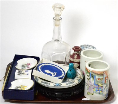 Lot 60 - A tray including a pair of Chinese vases, a glass decanter, a Chinese turquoise glazed figure...