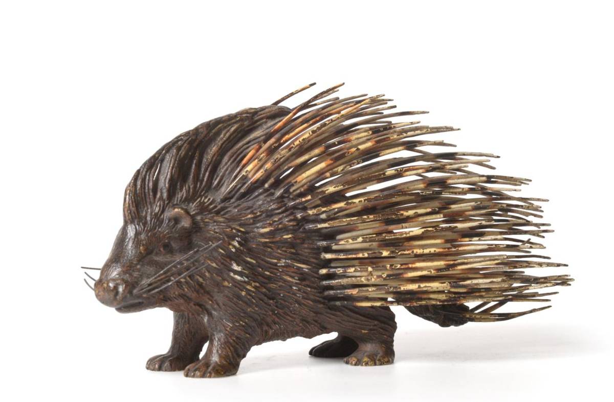 Lot 3 - A Cold Painted Bronze Figure of a Porcupine, Franz Bergmann, Austria, standing on all fours and...