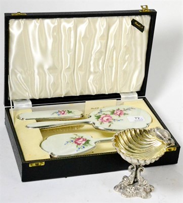 Lot 72 - A silver plated and floral enamelled three piece dressing table set and an Elkington & Co style...