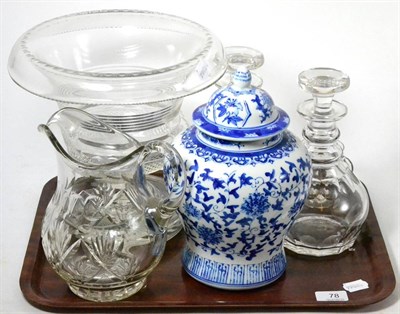 Lot 78 - An Oriental blue and white jar and cover, a pair of cut glass decanters, a cut glass vase, a...