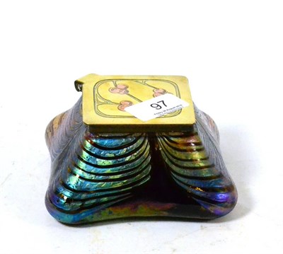 Lot 97 - Austrian iridescent glass inkwell with copper and brass cover, stamped D.R.G.M 168180/D.R.P...