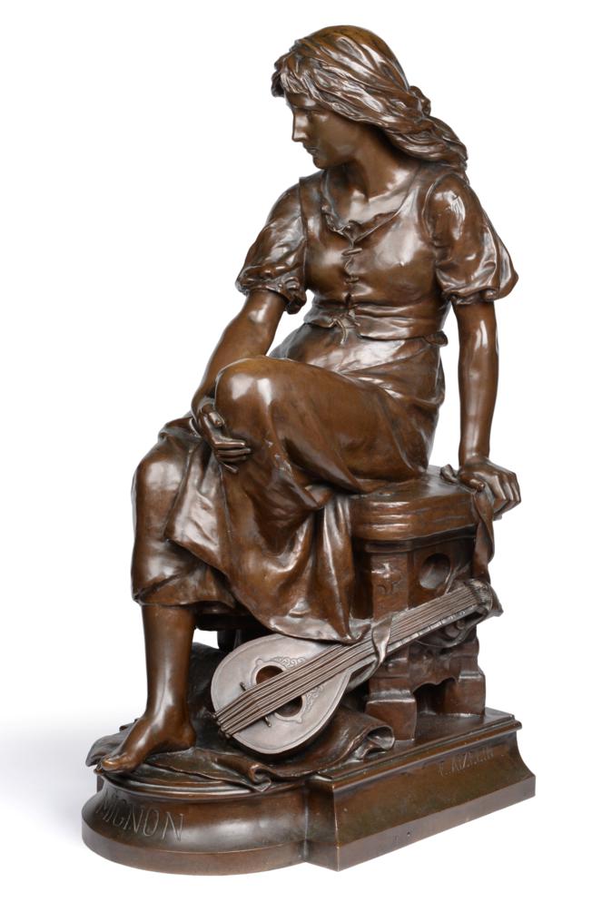 Lot 8 - Eugene-Antoine Aizelin (French, 1821-1902):  "Mignon ", A Bronze Figure of a Seated Girl, a lute at
