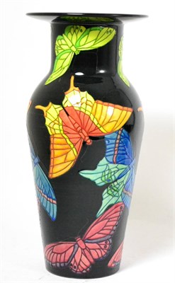 Lot 117 - A Dennis Chinaworks Butterfly on black Etruscan pattern vase, No.5, 30.5cm