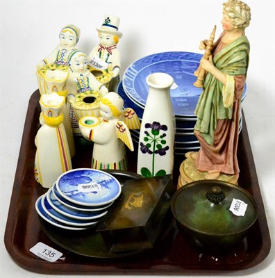 Lot 135 - Royal Dux china figure, three items of Danish art metalware, Royal Copenhagen collectors plates and