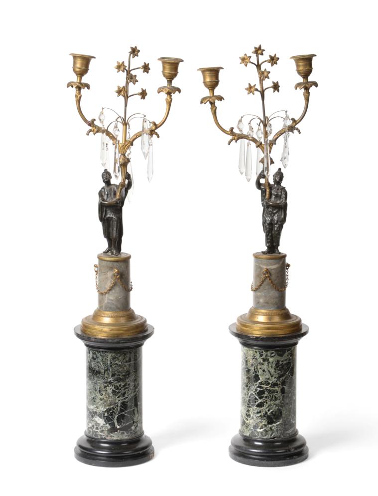 Lot 12 - A Parcel Gilt, Bronze and Marble Candelabra, in Louis XV style, the branches hung with faceted...