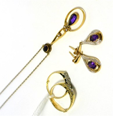 Lot 143 - Two diamond set rings, an amethyst pendant and a pair of amethyst set earrings