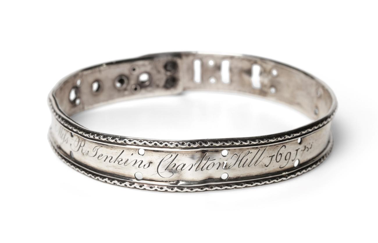 Lot 13 - A William & Mary Silver Dog Collar, inscribed Miss R Jenkins, Charlton Hill 1691, unmarked,...