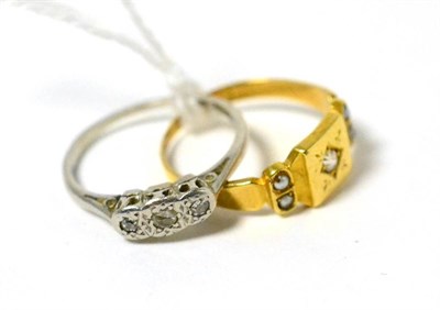 Lot 156 - A diamond three stone ring, and a diamond and seed pearl ring (2)