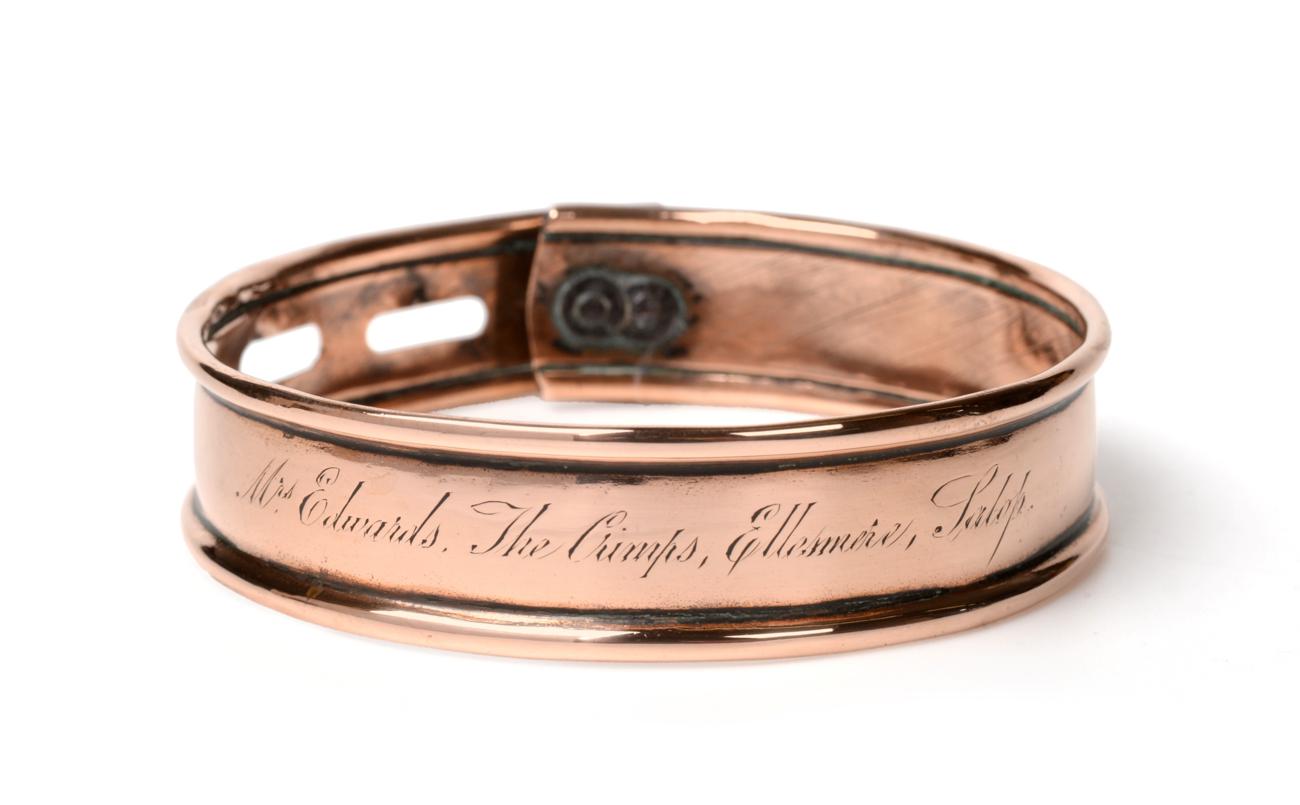Lot 17 - A 19th Century Copper Dog Collar, inscribed Mrs Edwards, The Crimps, Ellesmere, Salop, 8.5cm...