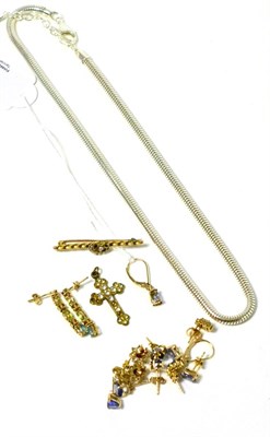 Lot 194 - Seven pairs of gem set earrings, a silver chain necklace, a bar brooch and a cross pendant