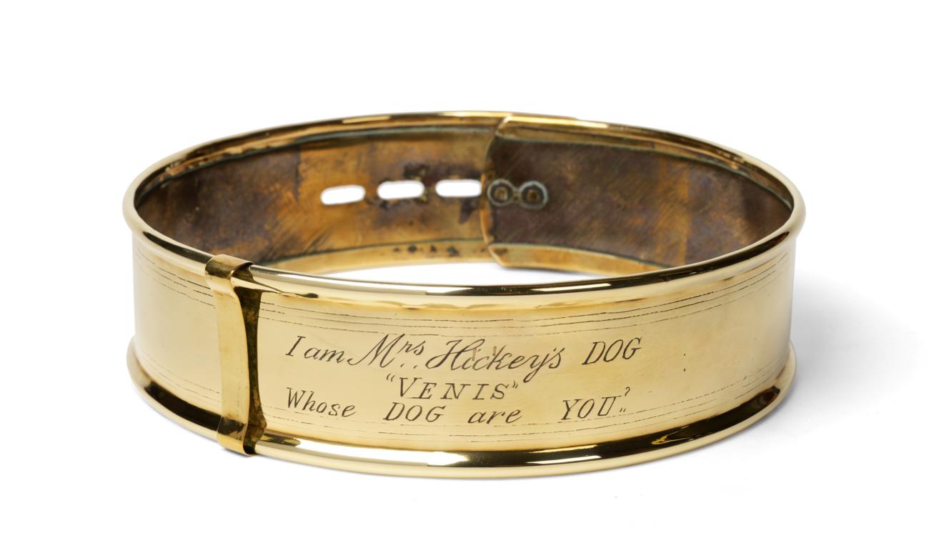 Lot 18 - A Large 19th Century Brass Dog Collar, inscribed I am Mrs Hickey's DOG /  "VENIS " / Whose dog...