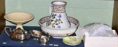 Lot 215 - A silver plated three piece tea service, a Keswick pattern toilet ewer and basin, two pieces of...