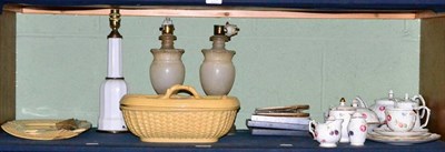 Lot 223 - Game tureen, Wedgwood and Aynsley tea sets, three lamps, etc (on two shelves)