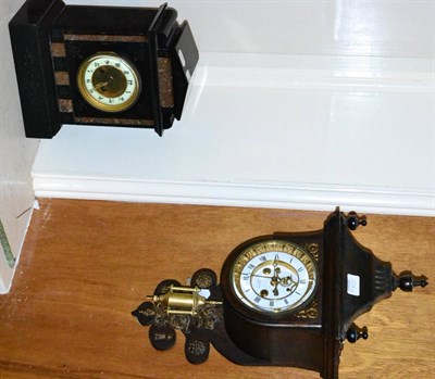 Lot 229 - A Victorian black slate mantel clock and an oak wall clock