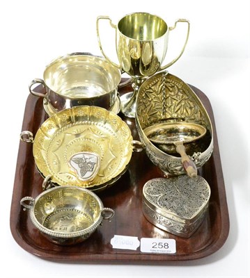 Lot 258 - A tray including a silver porringer and stand, Indian white metal filigree heart shaped trinket box