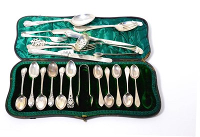 Lot 264 - Two sets of five silver tea spoons, silver sugar tongs and assorted silver flatware