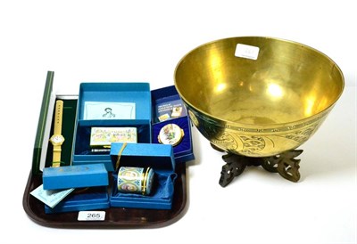 Lot 265 - Four modern enamel boxes, a Rotary wristwatch and a 19th Century brass eastern bowl on hardwood...