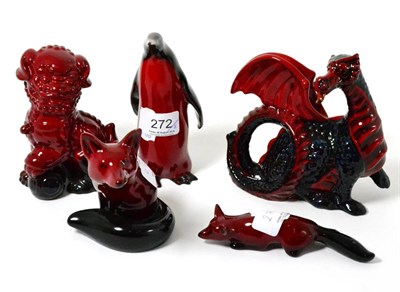 Lot 272 - A group of five flambe animals, a dog of fo, a dragon, a penguin and two foxes (5)