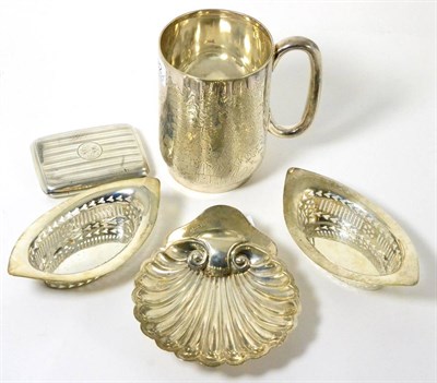 Lot 282 - A silver tankard, Sheffield 1888; a silver shell dish, Sheffield 1901; a silver cigarette case,...