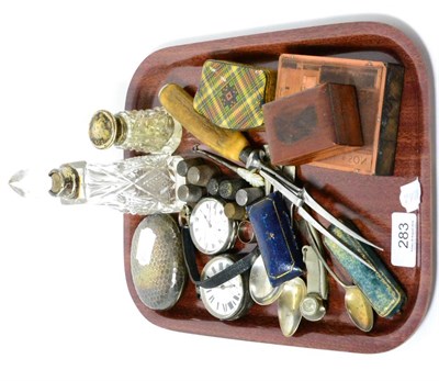 Lot 283 - A silver snuff box, two silver pocket watches, silver spoons, thimbles, Bossons whistle, a...